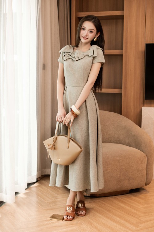 Sixdo Beige Gray Bowtie Woven Flared Dress